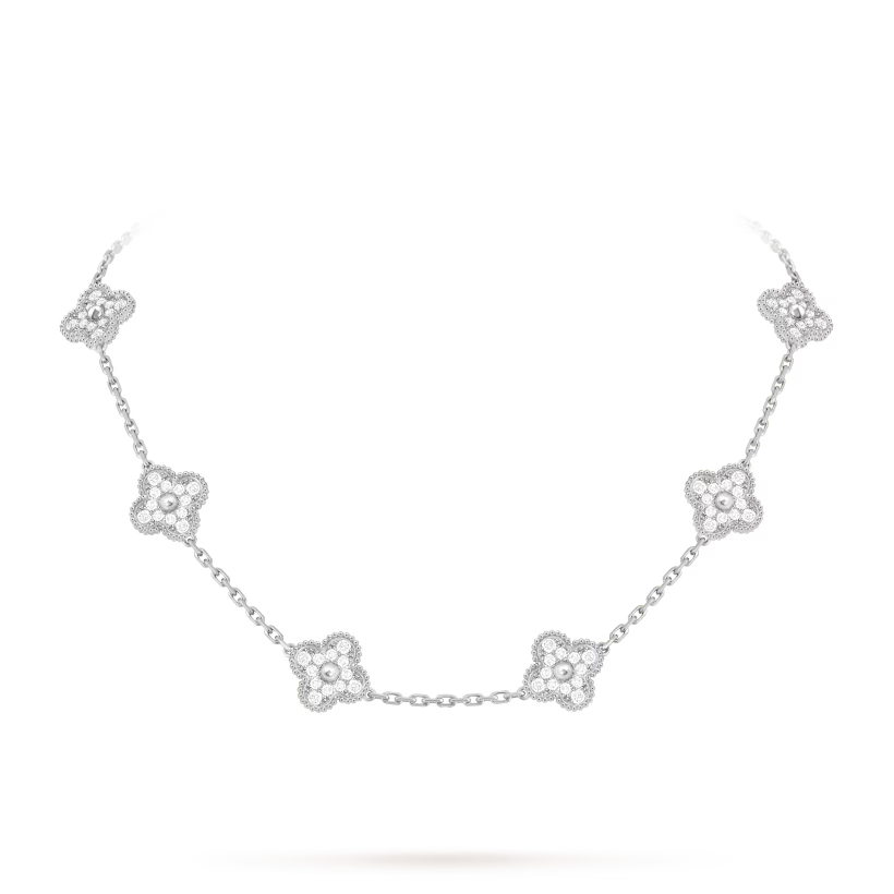 MC Clover 10-motif PAVE Necklace in 18k White Gold HK Setting