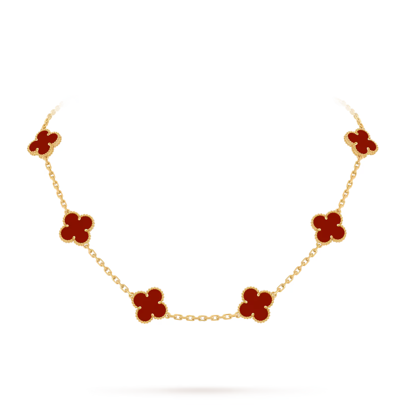 MC Clover Red Carnelian 10-motif Necklace in 18k Yellow Gold HK Setting