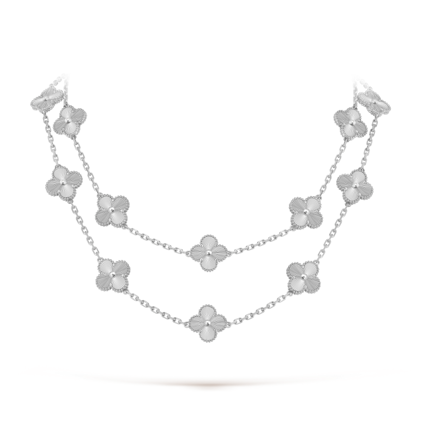 MC Clover 20-motif Guilloche Necklace in 18k White Gold HK Setting
