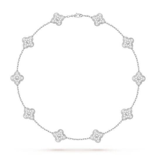 MC Clover 10-motif PAVE Necklace in 18k White Gold HK Setting