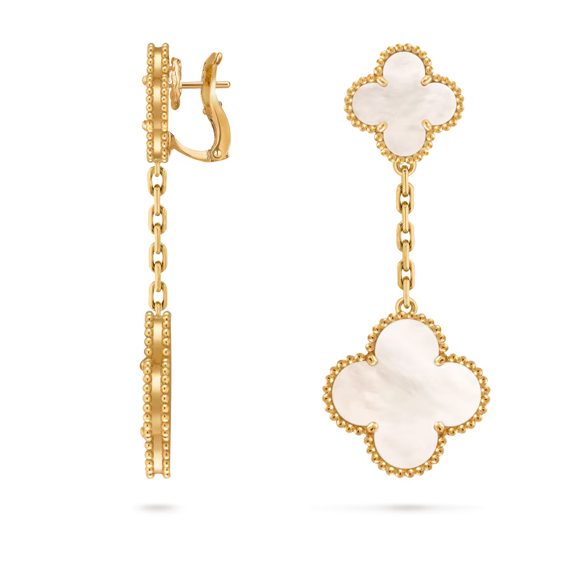MC Clover White Mother of Pearl 2-motif Earring in 18k HK Setting