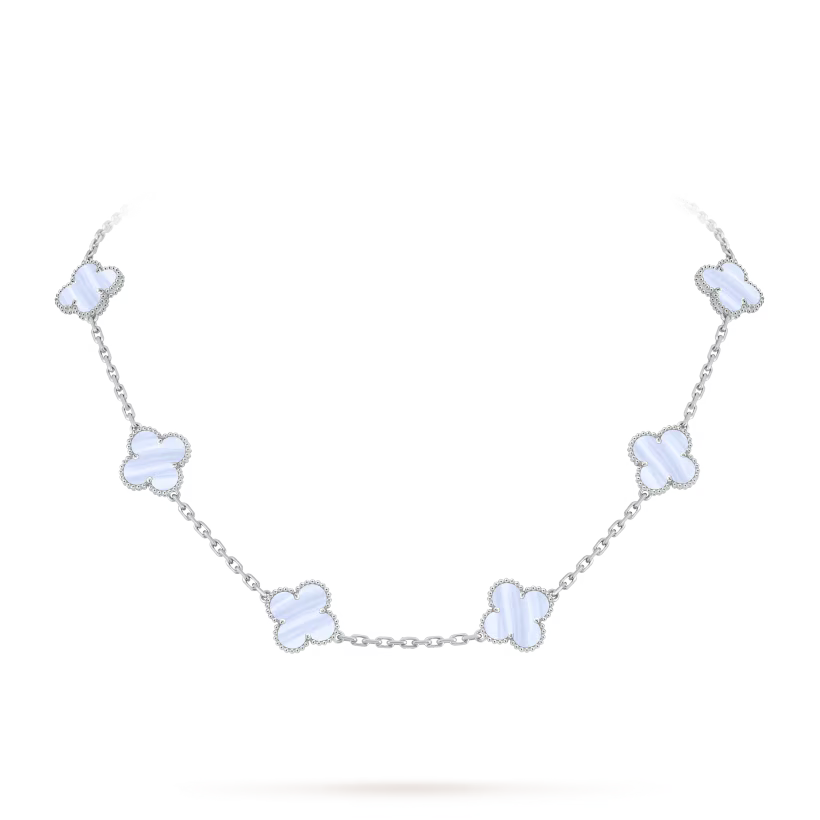 MC Clover Chalcedony 10-motif Necklace in 18k White Gold HK Setting