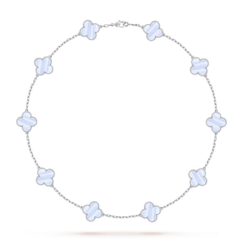 MC Clover Chalcedony 10-motif Necklace in 18k White Gold HK Setting