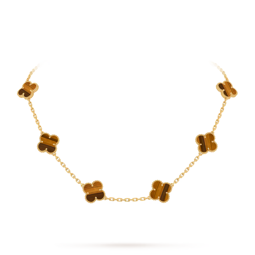 MC Clover Tigers Eye 10-motif Necklace in 18k Yellow Gold HK Setting