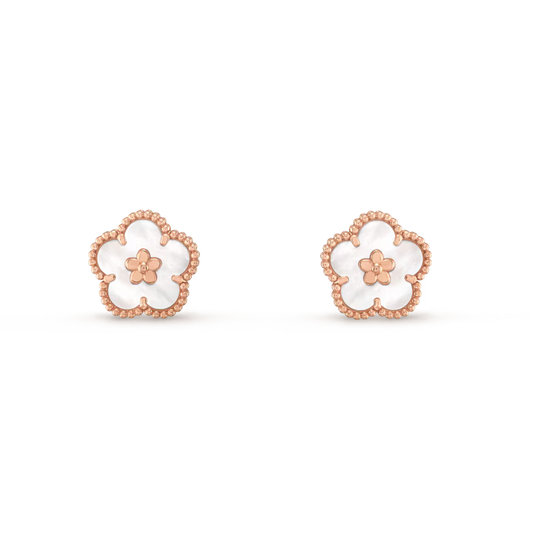 MC Clover Lucky Spring Plum Blossom Earrings in 18k Rose Gold HK Setting