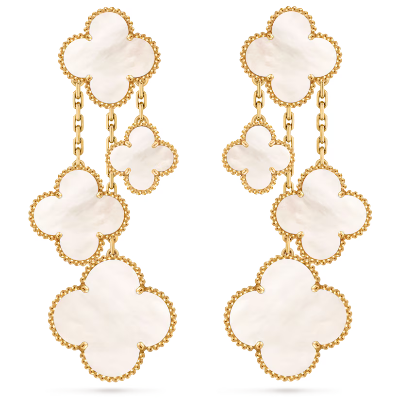 MC Clover White Mother of Pearl 4-motif Earrings in 18k HK Setting