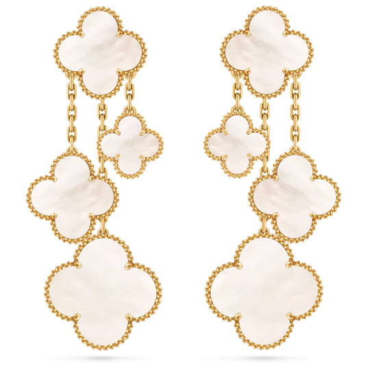 MC Clover White Mother of Pearl 4-motif Earrings in 18k HK Setting