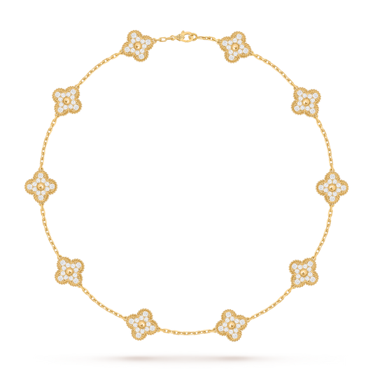 MC Clover 10-Motif PAVE Necklace in 18k Yellow Gold HK Setting